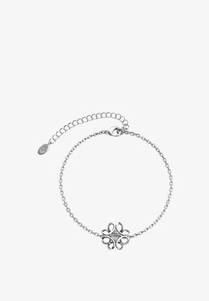 Bracciale in argento con una delicata catena e un motivo floreale centrale che presenta un cristallo quadrato. Include chiusura regolabile e catena di estensione.