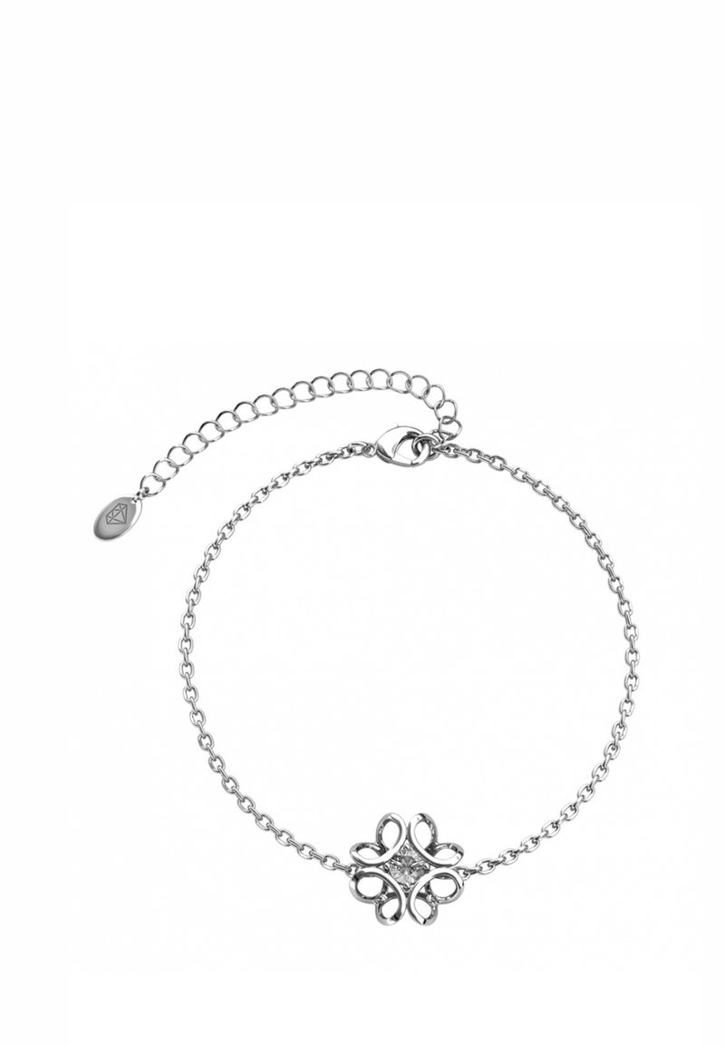 Bracciale in argento con una delicata catena e un motivo floreale centrale che presenta un cristallo quadrato. Include chiusura regolabile e catena di estensione.