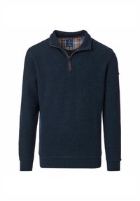 Navyblauer Strickpullover mit einem Viertel-Reißverschlusskragen, ausgestattet mit einem karierter Innenfutter sowie gerippten Bündchen und Saum für einen strukturierten Look.