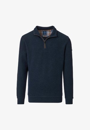 Navyblauer Strickpullover mit einem Viertel-Reißverschlusskragen, ausgestattet mit einem karierter Innenfutter sowie gerippten Bündchen und Saum für einen strukturierten Look.