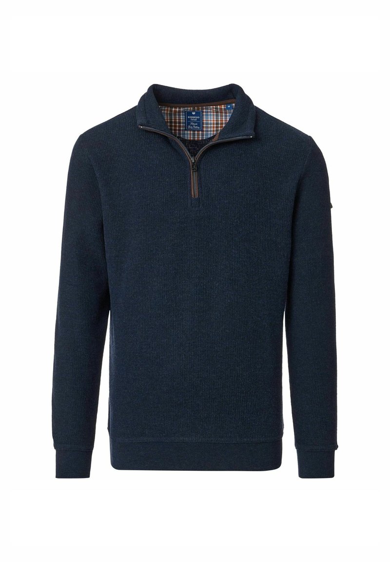 Navyblauer Strickpullover mit einem Viertel-Reißverschlusskragen, ausgestattet mit einem karierter Innenfutter sowie gerippten Bündchen und Saum für einen strukturierten Look.