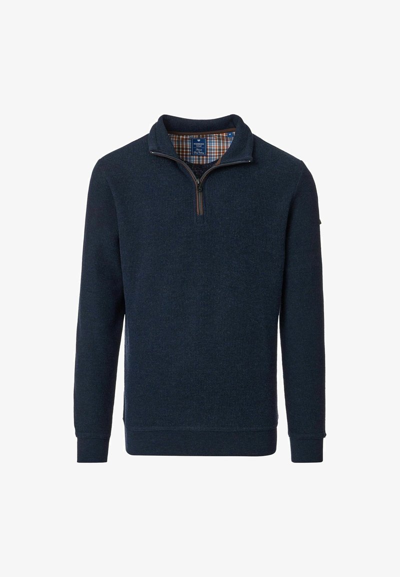 Navyblauer Strickpullover mit einem Viertel-Reißverschlusskragen, ausgestattet mit einem karierter Innenfutter sowie gerippten Bündchen und Saum für einen strukturierten Look.