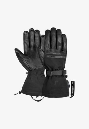 Black leather gloves with a softshell design, featuring a pull tab, adjustable strap, and elastic cuffs for a secure fit.