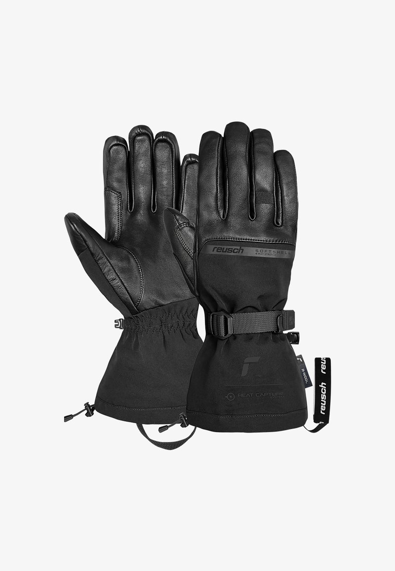 Black leather gloves with a softshell design, featuring a pull tab, adjustable strap, and elastic cuffs for a secure fit.
