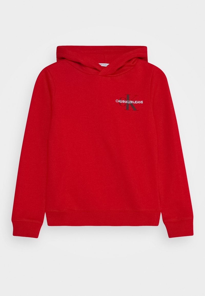 Felpa rossa in cotone con tasca a marsupio, polsini e orlo a coste, con un logo bianco e nero sul lato sinistro del petto.