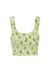 Top scurt cu volane din material alb cu un model floral verde. Dispune de bretele late și o textură pliată pe întreaga suprafață.