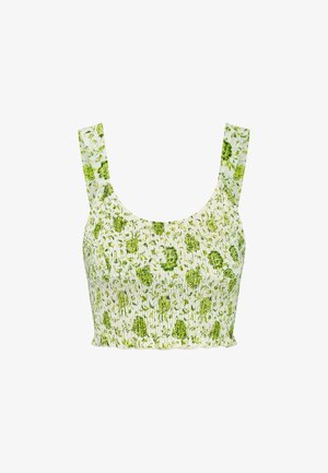 Bijela busta kratka majica s zelenim cvjetnim uzorkom. Ima široke naramenice i nabran teksturirani izgled.