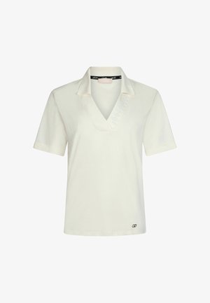 White short-sleeve polo shirt with a V-neck and decorative pattern along the collar. Made from soft cotton with a small logo detail at the hem.