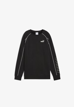 Zwarte sweatshirt met lange mouwen, witte accenten langs de naden en een klein Puma-logo op de borst, met gedrukte tekst langs de mouw.
