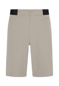 Shorts beiges avec une taille élastique noire et une fermeture à bouton unique. Dotés d'une coupe droite, d'une texture lisse et sans motifs visibles.