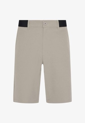 Beige shorts med en sort elastisk talje og en enkelt knaplukning. Har en lige pasform, glat tekstur og ingen synlige mønstre.