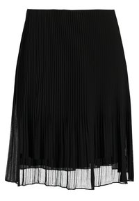 Jupe plissée noire avec un design fluide, fabriquée en tissu léger. Présente une texture transparente et une coupe mi-longue. Sans fermetures visibles.