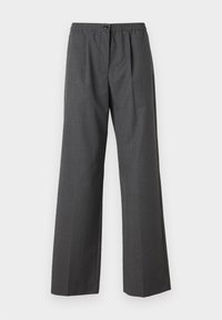 Grijze, wijde broek met een textuurafwerking, elastische tailleband en enkele knoopsluiting aan de voorkant. Heeft een rechte snit en geen zakken.