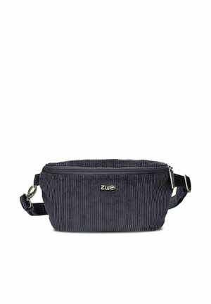Schwarze Taillentasche aus Cord mit Reißverschluss vorne, verstellbarem Riemen und metallischem "zwei"-Logo in der Mitte vorne.