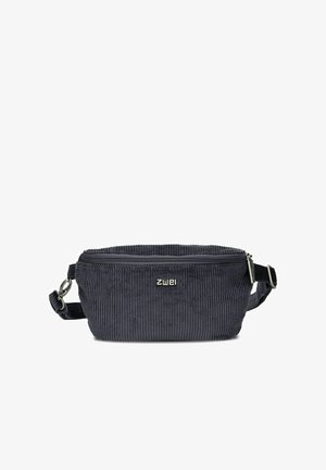 Black corduroy waist bag with front zipper, adjustable strap, and metal logo "zwei" on the front center.