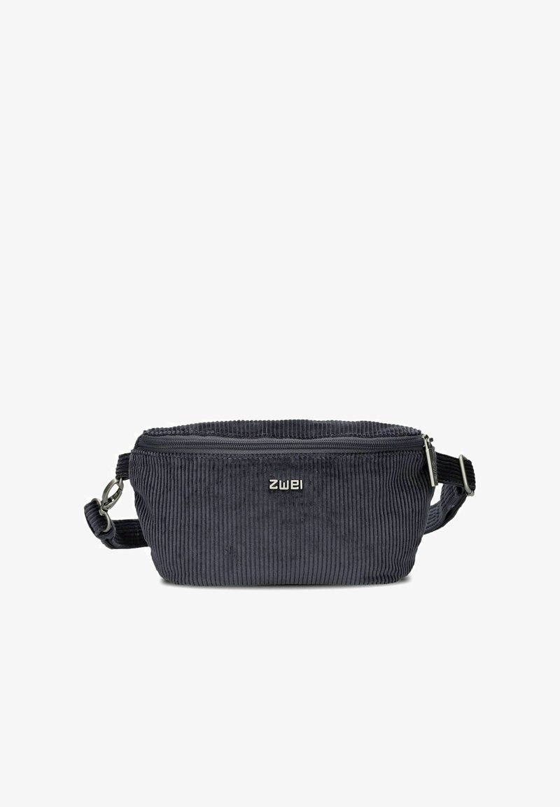 Black corduroy waist bag with front zipper, adjustable strap, and metal logo "zwei" on the front center.