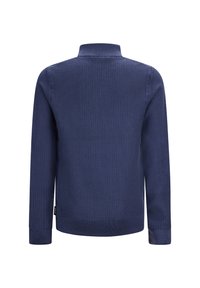 Dunkelblauer Pullover mit strukturiertem Muster, Schalkragen, langen Ärmeln sowie gerippten Bündchen und Saum. Keine sichtbaren Beschläge oder Akzente.