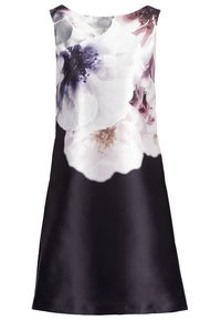 Robe à imprimé floral avec un design sans manches, présentant un motif floral de couleur claire en haut et un bas uni de couleur foncée. Texture lisse.