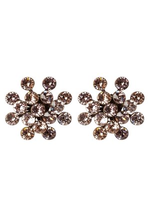 Gemmes rondes brun clair regroupées en un motif floral circulaire, formant une paire de boucles d'oreilles clous étincelantes sur fond blanc.