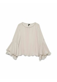 Blusa beige a maniche lunghe con maniche a campana sovrapposte e scollatura rotonda, presentata su uno sfondo bianco.