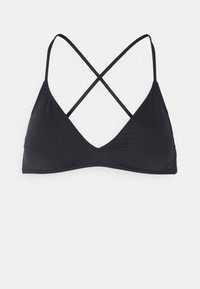 Črn bikini top z trikotno zasnovo, nastavljivimi križnimi naramnicami in gladko teksturo. Preprost in minimalističen slog brez okrasnih elementov.