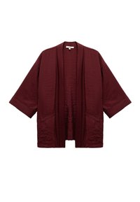 Giacca in stile kimono color burgundy realizzata in tessuto texturizzato, con maniche larghe, apertura frontale e due tasche frontali.