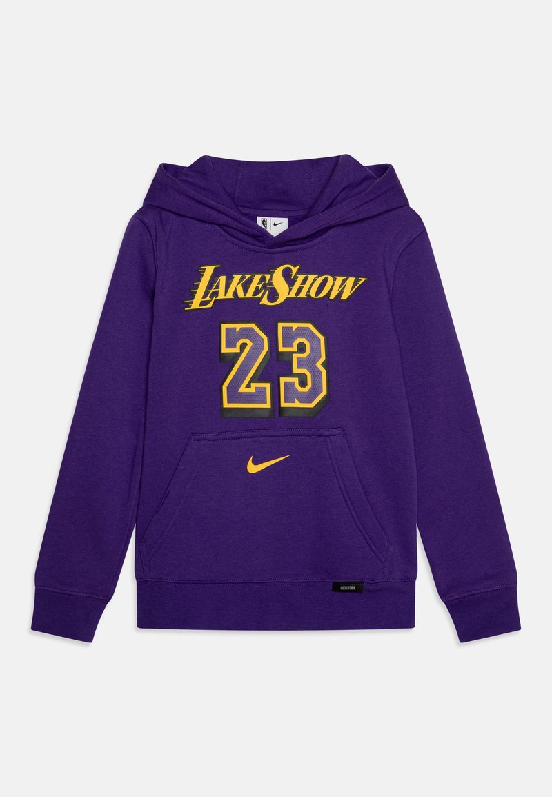 Paarse hoodie van een katoenmix, met "LAKE SHOW" en nummer "23" in het geel. Inclusief een voorzak en het Nike-logo in het geel.