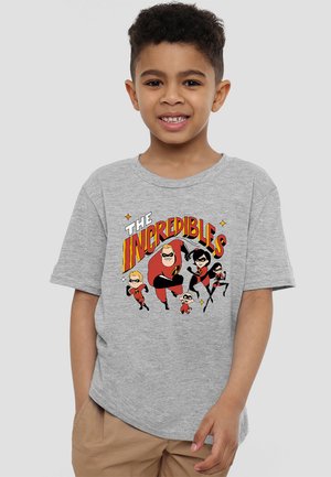 Graues Baumwoll-T-Shirt mit einem bunten Grafikdruck von Charakteren aus "Die Unglaublichen" auf einem hellgrauen Hintergrund.