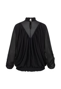 Schwarze Bluse mit transparenten langen Ärmeln, hohem Kragen mit Smok-Detail und einem gerafften elastischen Saum. Rückenausschnitt mit Knopfverschluss.