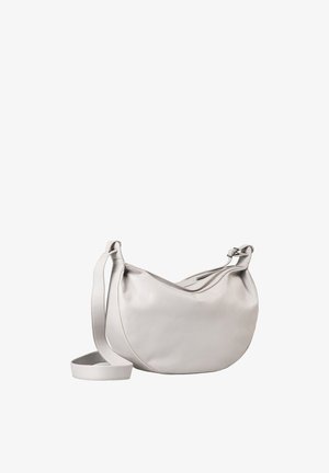 Borsa a spalla in pelle grigio chiaro con forma arrotondata, tracolla regolabile e dettagli di cucitura sottili. Texture liscia e design minimalista.
