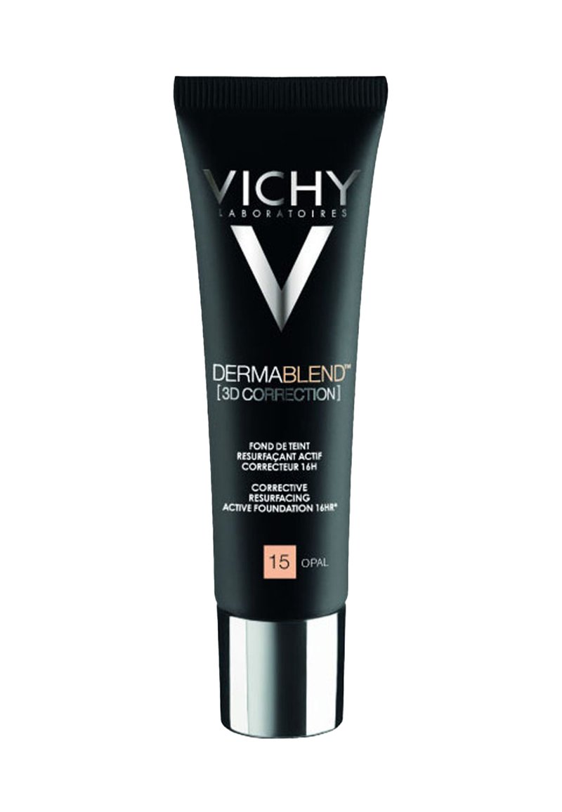 Black tube of Vichy Dermablend foundation, featuring a silver cap, white logos, and a peach label indicating shade 15 Opal, with textured finish.
