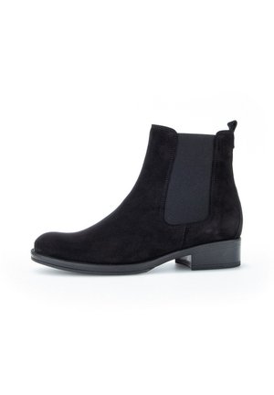 Black suede ankle boots with elastic side panels, rounded toe, and a low block heel. Features a pull tab for easy wear.