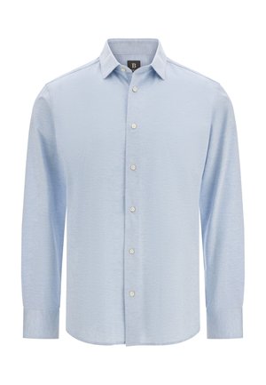 Svetle modrá košile s dlouhým rukávem z měkké, strukturované tkaniny. Má klasický límec, zapínání na knoflíky a bílé knoflíky na légě.