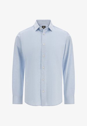 Svetle modrá košile s dlouhým rukávem z měkké, strukturované tkaniny. Má klasický límec, zapínání na knoflíky a bílé knoflíky na légě.