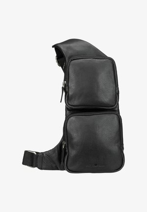 Bolso bandolera de piel negra con dos compartimentos con cremallera, acabado texturizado, correa ajustable y bordes lisos para un transporte cómodo.