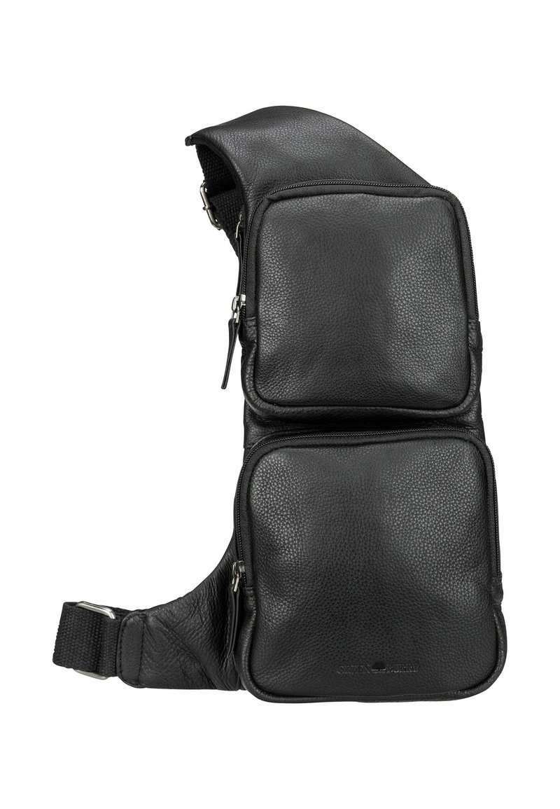 Borsa a tracolla in pelle nera con due scomparti con zip, finitura testurizzata, tracolla regolabile e bordi lisci per un trasporto confortevole.