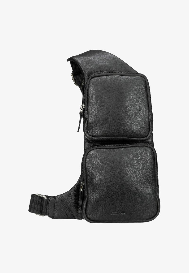 Borsa a tracolla in pelle nera con due scomparti con zip, finitura testurizzata, tracolla regolabile e bordi lisci per un trasporto confortevole.