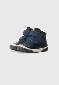 Blauwe en zwarte waterdichte schoenen met klittenband, voorzien van een gestructureerde bovenkant, rubberen zool en gevoerde enkel voor ondersteuning.
