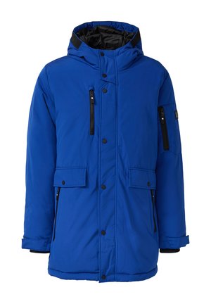Blauwe geïsoleerde parka jas met een capuchon, voorrits, twee voorzakken en zijritszakken. Zwarte accenten bij de capuchon en manchetten.