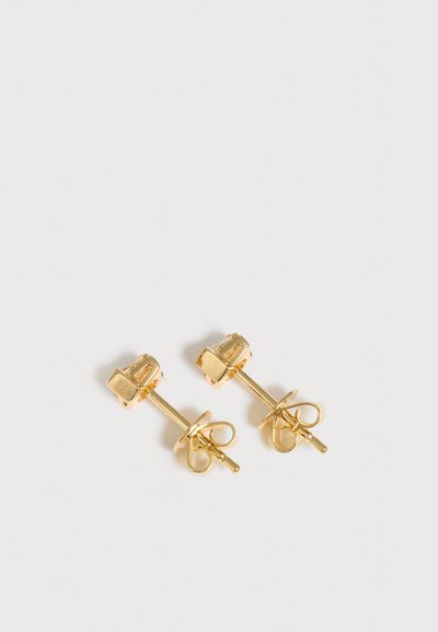 Paire de petites boucles d'oreilles en or avec fermoir papillon sur fond blanc.