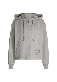 Szara krótką bluza z kapturem z zapinanym kołnierzem, przednią kieszenią i nadrukiem logo po prawej stronie. Wykonana z miękkiego, teksturowanego materiału.