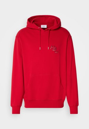 Red hoodie made of cotton blend with a front pocket, drawstring hood, and embroidered "HEL" logo on the left chest. Ribbed cuffs and hem.