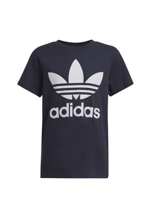 Musta lyhythihainen t-paita, jossa suuri valkoinen Adidas Trefoil -logo ja "adidas"-teksti keskellä etupuolella.