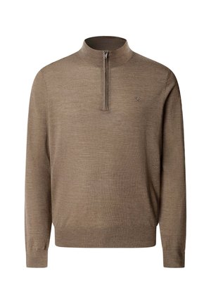 Bruine, lichte pullover trui met een ritskraag tot de helft, lange mouwen en geribbelde manchetten. Bevat een subtiel logo op de borst.