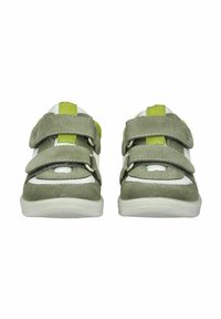 Grønne ruskindsko med hvide detaljer og to justerbare Velcro-remme. Har en polstret krave og en struktureret gummisål.