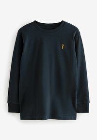 Marineblaues Langarm-T-Shirt aus einem Baumwoll-Mix-Stoff, mit rundem Ausschnitt und einem kleinen gelben Hummer-Emblem auf der Brust.