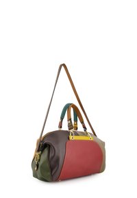 Colorful leather handbag with a mix of brown, green, red, and yellow panels. Features dual handles and a detachable shoulder strap.