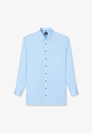 Hellblaues Hemd mit Knöpfen, langen Ärmeln, schwarzen Knöpfen, einer Brusttasche und einer glatten Textur. Klassisches Kragendesign.