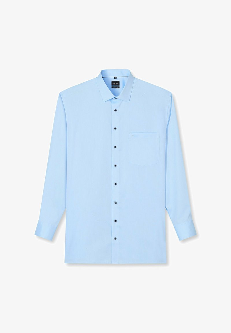 Hellblaues Hemd mit Knöpfen, langen Ärmeln, schwarzen Knöpfen, einer Brusttasche und einer glatten Textur. Klassisches Kragendesign.