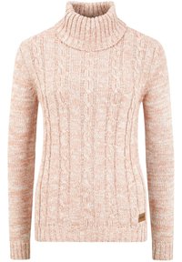 Cable-knit turtleneck sweater in soft blush with a ribbed collar and cuffs. Features textured patterns and a branded leather tag at the hem.